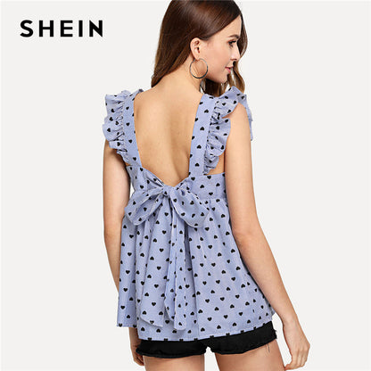 SHEIN Blue Elegant Backless Ruffle Detail Knot Back Round Neck Sleeveless Blouse Summer Women Weekend Casual Shirt Top