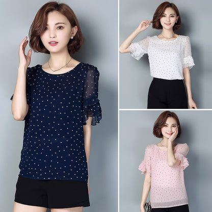 Women Plus size Summer Short Sleeve Chiffon Blouse Polka Dot Shirts