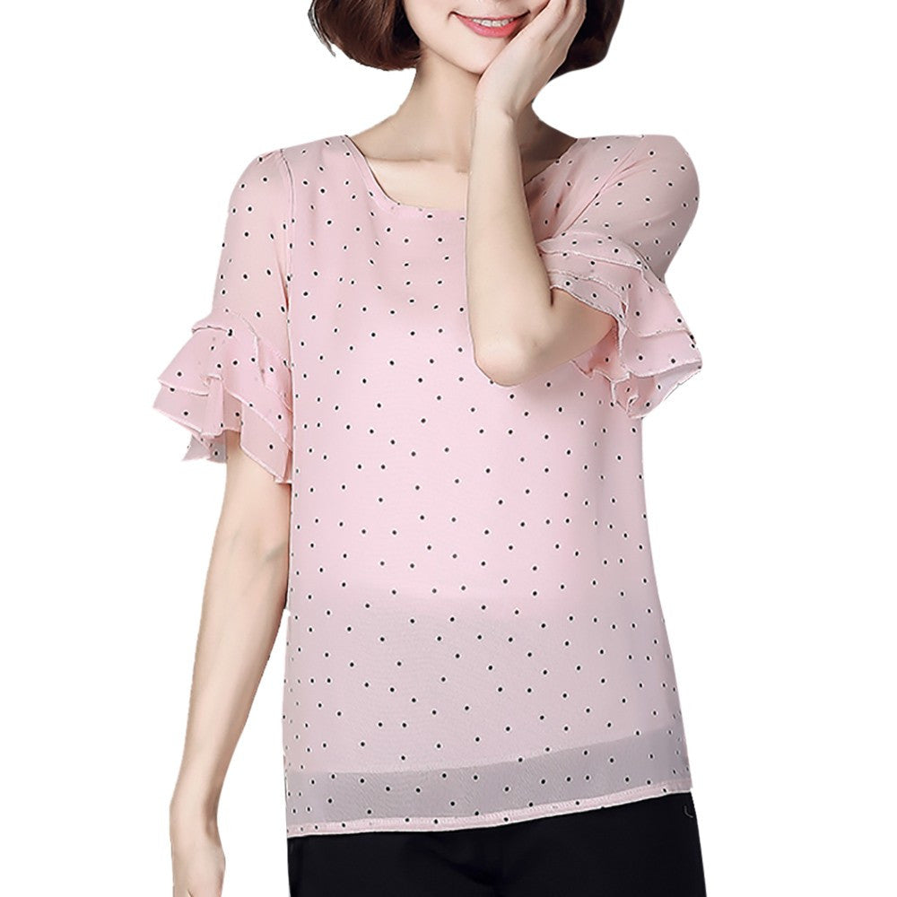 Women Plus size Summer Short Sleeve Chiffon Blouse Polka Dot Shirts