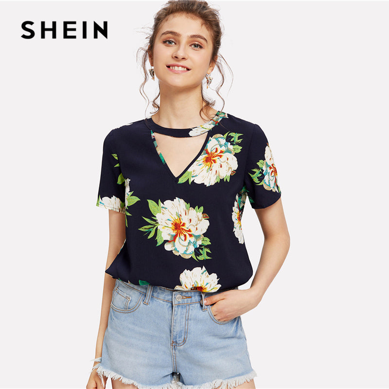 SHEIN Navy Weekend Casual V Cut Neck Keyhole Back Floral Button Short Sleeve Blouse Summer Women Going Out Shirt Top