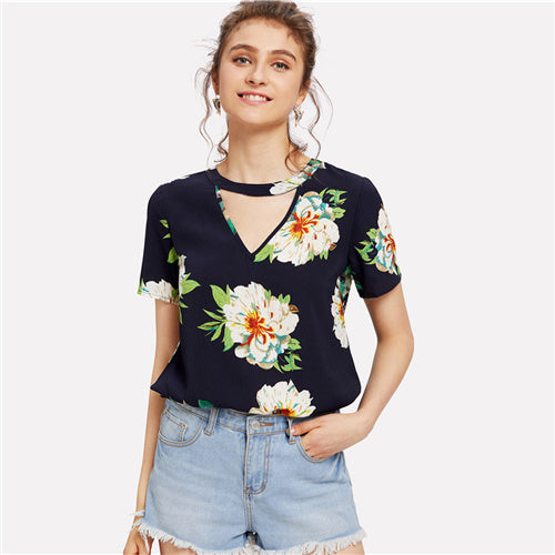 SHEIN Navy Weekend Casual V Cut Neck Keyhole Back Floral Button Short Sleeve Blouse Summer Women Going Out Shirt Top