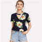 SHEIN Navy Weekend Casual V Cut Neck Keyhole Back Floral Button Short Sleeve Blouse Summer Women Going Out Shirt Top