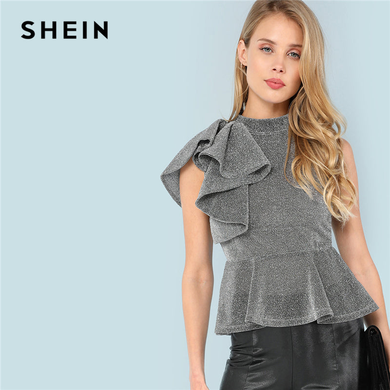 SHEIN Grey Party Elegant Exaggerate Ruffle Embellished Glitter Peplum Stand Collar Blouse Summer Women Going Out Shirt Top