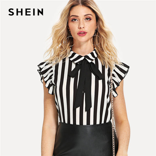 SHEIN Black and White Elegant Workwear Tie Neck Ruffle Armhole Striped Stand Collar Blouse Summer Women Weekend Casual Shirt Top