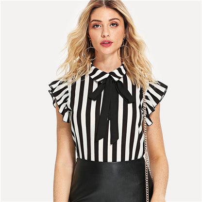 SHEIN Black and White Elegant Workwear Tie Neck Ruffle Armhole Striped Stand Collar Blouse Summer Women Weekend Casual Shirt Top