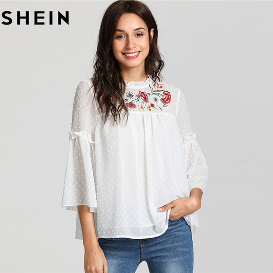 SHEIN White Flounce Sleeve Beach Tops Round Neck Floral Vacation Button Polka Dot Regular Fit 2018 Women Summer Elegent Blouses