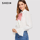 SHEIN White Preppy Contrast Tied Neck Eyelet Embroidery Ruffle Stand Collar Flounce Sleeve Blouse Summer Women Casual Shirt Top