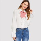 SHEIN White Preppy Contrast Tied Neck Eyelet Embroidery Ruffle Stand Collar Flounce Sleeve Blouse Summer Women Casual Shirt Top