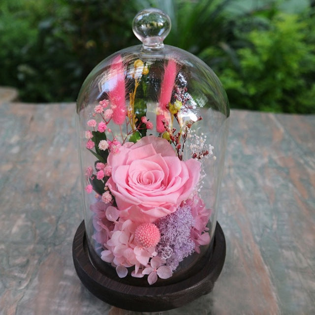 Wedding Decoration Rose Flowers In Glass Cover Cloche Night Light Mother's Day Gifts Micro Landscape Home Office Decor Supplies