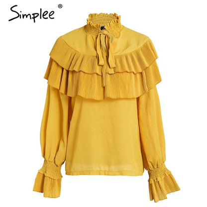 Simplee Ruffle stand collar vintage blouse shirt women Flare long sleeve white blouse Casual  summer chiffon blusas female