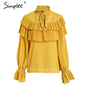 Simplee Ruffle stand collar vintage blouse shirt women Flare long sleeve white blouse Casual  summer chiffon blusas female