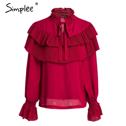 Simplee Ruffle stand collar vintage blouse shirt women Flare long sleeve white blouse Casual  summer chiffon blusas female