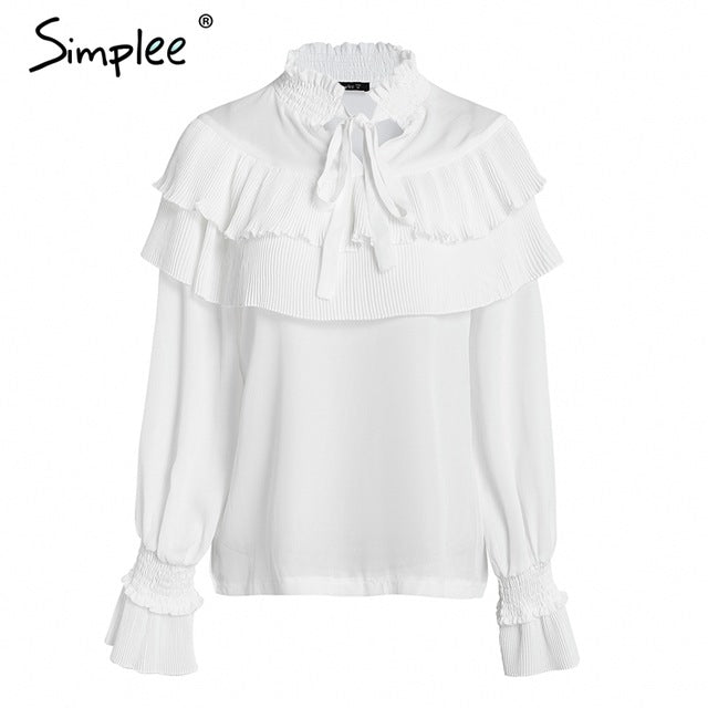 Simplee Ruffle stand collar vintage blouse shirt women Flare long sleeve white blouse Casual  summer chiffon blusas female