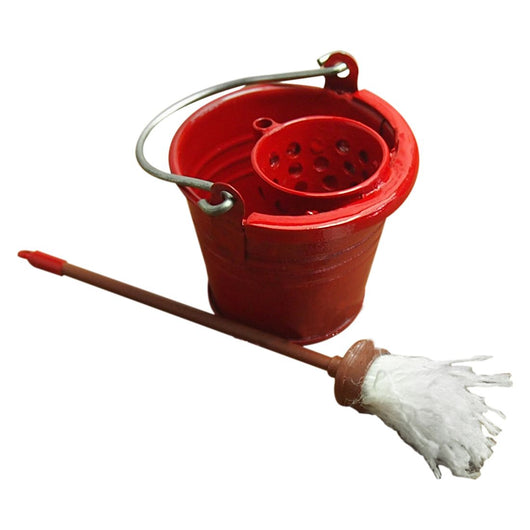 ABWE Best Sale Dollhouse Miniature Kitchen Garden Red Metal Bucket With Mop