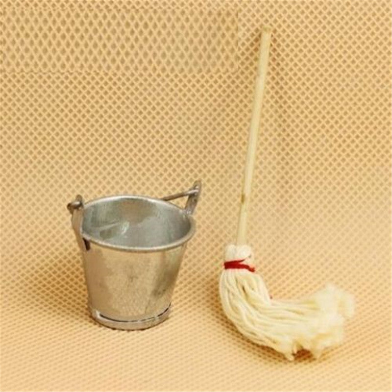 EatingBiting(R) 2PCs Dollhouse Miniature 1:12 Scale Fairy Garden Furniture Mop with Bucket Set