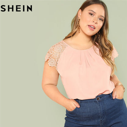 SHEIN Pink Round Neck Floral Lace Shoulder Casual Plus Size Summer Blouse 2018 New Gathered Neck Short Sleeve Solid Top Clothing