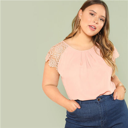 SHEIN Pink Round Neck Floral Lace Shoulder Casual Plus Size Summer Blouse 2018 New Gathered Neck Short Sleeve Solid Top Clothing