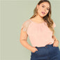 SHEIN Pink Round Neck Floral Lace Shoulder Casual Plus Size Summer Blouse 2018 New Gathered Neck Short Sleeve Solid Top Clothing