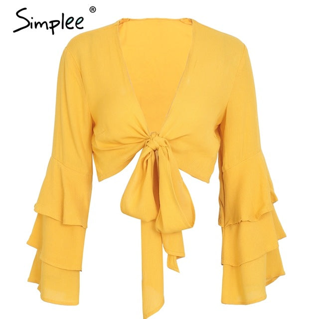 Simplee V neck wrap sexy blouse women Ruffle long sleeve blouse shirt 2018 Summer tops tees lace up casual blusas