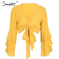 Simplee V neck wrap sexy blouse women Ruffle long sleeve blouse shirt 2018 Summer tops tees lace up casual blusas