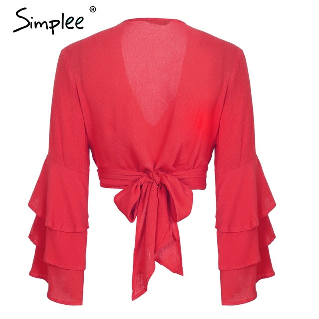 Simplee V neck wrap sexy blouse women Ruffle long sleeve blouse shirt 2018 Summer tops tees lace up casual blusas