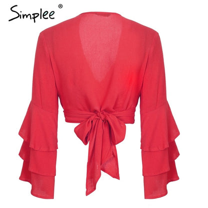 Simplee V neck wrap sexy blouse women Ruffle long sleeve blouse shirt 2018 Summer tops tees lace up casual blusas