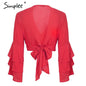 Simplee V neck wrap sexy blouse women Ruffle long sleeve blouse shirt 2018 Summer tops tees lace up casual blusas