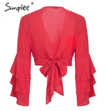Simplee V neck wrap sexy blouse women Ruffle long sleeve blouse shirt 2018 Summer tops tees lace up casual blusas