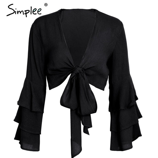 Simplee V neck wrap sexy blouse women Ruffle long sleeve blouse shirt 2018 Summer tops tees lace up casual blusas