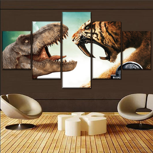Modern Wall Art Painting Canvas Print Movie Poster Home Decorative 5 Piece Jurassic World 2 Dinosaurs Vs Animals Tiger Picture