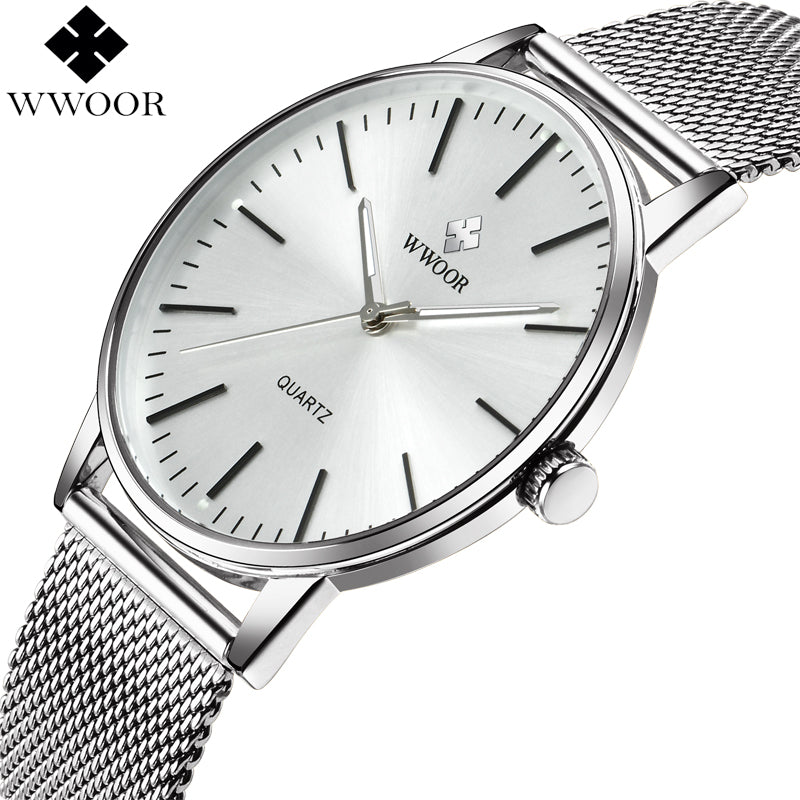 WWOOR Brand Luxury Men Ultra Thin Quartz Watch Men Waterproof Sports Watches Male Silver Stainless Steel Wrist Watch Slim Clock