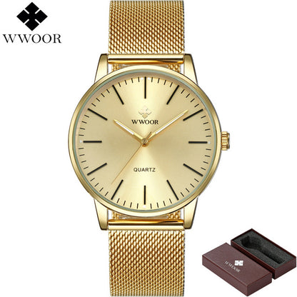 WWOOR Brand Luxury Men Ultra Thin Quartz Watch Men Waterproof Sports Watches Male Silver Stainless Steel Wrist Watch Slim Clock