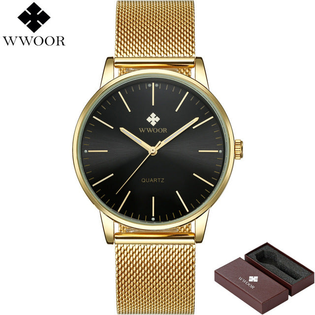 WWOOR Brand Luxury Men Ultra Thin Quartz Watch Men Waterproof Sports Watches Male Silver Stainless Steel Wrist Watch Slim Clock