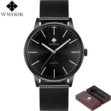 WWOOR Brand Luxury Men Ultra Thin Quartz Watch Men Waterproof Sports Watches Male Silver Stainless Steel Wrist Watch Slim Clock