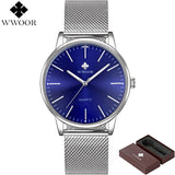 WWOOR Brand Luxury Men Ultra Thin Quartz Watch Men Waterproof Sports Watches Male Silver Stainless Steel Wrist Watch Slim Clock
