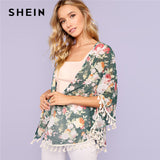 SHEIN Flower Print Tassel Hem Kimono Multicolor Half Sleeve Fringe Vacation Blouse Ladies Women Summer Casual Tops