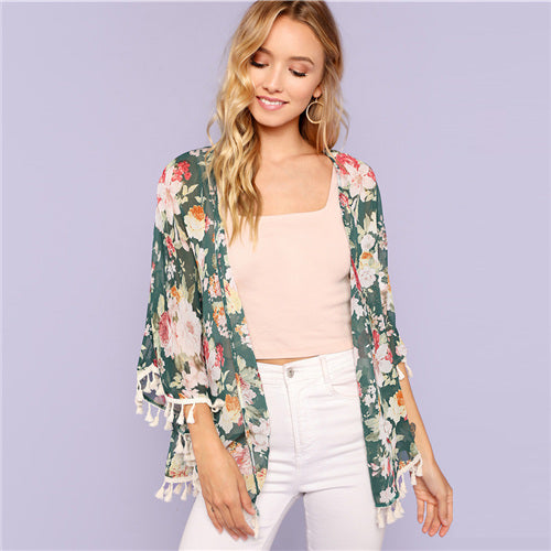 SHEIN Flower Print Tassel Hem Kimono Multicolor Half Sleeve Fringe Vacation Blouse Ladies Women Summer Casual Tops