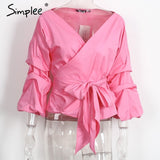 Simplee Ruched sleeve wrap white blouse shirt Women casual blouse off shoulder Plaid shirt top V neck female blusas bow tie