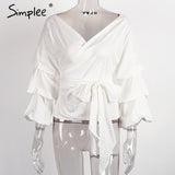 Simplee Ruched sleeve wrap white blouse shirt Women casual blouse off shoulder Plaid shirt top V neck female blusas bow tie