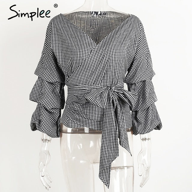 Simplee Ruched sleeve wrap white blouse shirt Women casual blouse off shoulder Plaid shirt top V neck female blusas bow tie