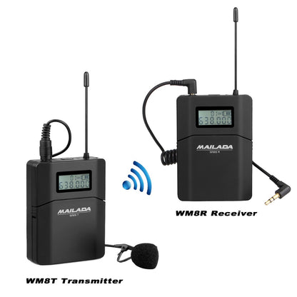 WM8 Professional UHF Wireless Microphone System Lavalier Lapel Mic Receiver + Transmitter for Camera Recorder DSLR Phone