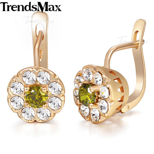 Trendsmax Flower Green Clear CZ Girls Womens Stud Earrings 585 Rose Gold Filled Snap Closure KGE74