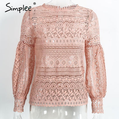 Simplee White lace blouse shirt women top Casual hollow out lantern sleeve pink blusas Autumn elegant geometry cool blouse 2016