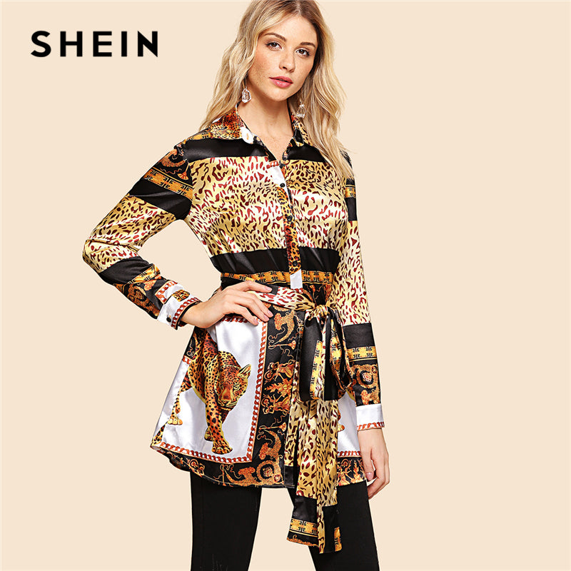 SHEIN Multicolor Weekend Casual Leopard Print Self Belted Stand Collar Long Sleeve Blouse Autumn Women Going Out Shirt Top