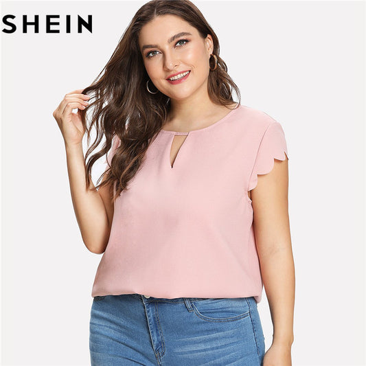 SHEIN Pink Scallop Trim Short Sleeve O-Neck Women Summer Blouses Plus Size 2018 New Solid Casual Elegant Curved Hem Top Clothing