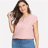SHEIN Pink Scallop Trim Short Sleeve O-Neck Women Summer Blouses Plus Size 2018 New Solid Casual Elegant Curved Hem Top Clothing