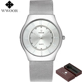 Top Brand Men's Watches Waterproof Simple Slim Luxury Stainless Steel Wristwatch Men Quartz Sports Watch Male WWOOR Silver Clock