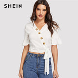 SHEIN White Elegant Office Lady Bell Sleeve Buttoned Wrap V Neck Button Knot Side Blouse Summer Women Weekend Casual Shirt Top
