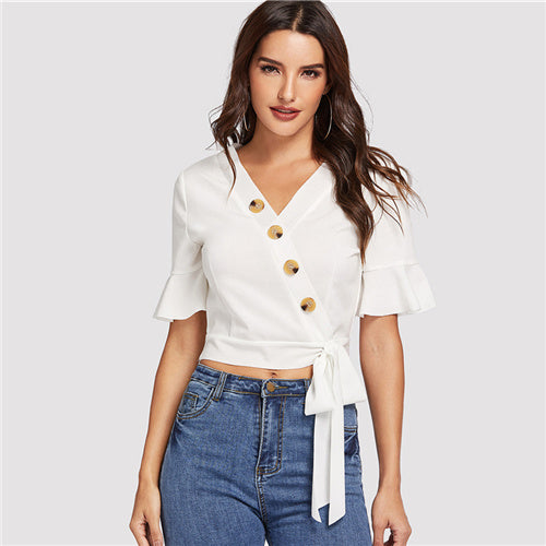 SHEIN White Elegant Office Lady Bell Sleeve Buttoned Wrap V Neck Button Knot Side Blouse Summer Women Weekend Casual Shirt Top