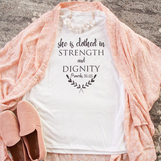 She is Clothed in Strength and Dignity Short Sleeve Christian T Shirt women fashion slogan graphic tops grunge Jesus gift tees